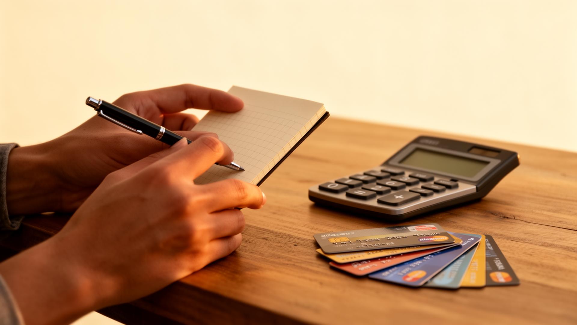 Hands writing in a notebook beside a calculator and a fanned-out stack of credit cards on a wooden desk.