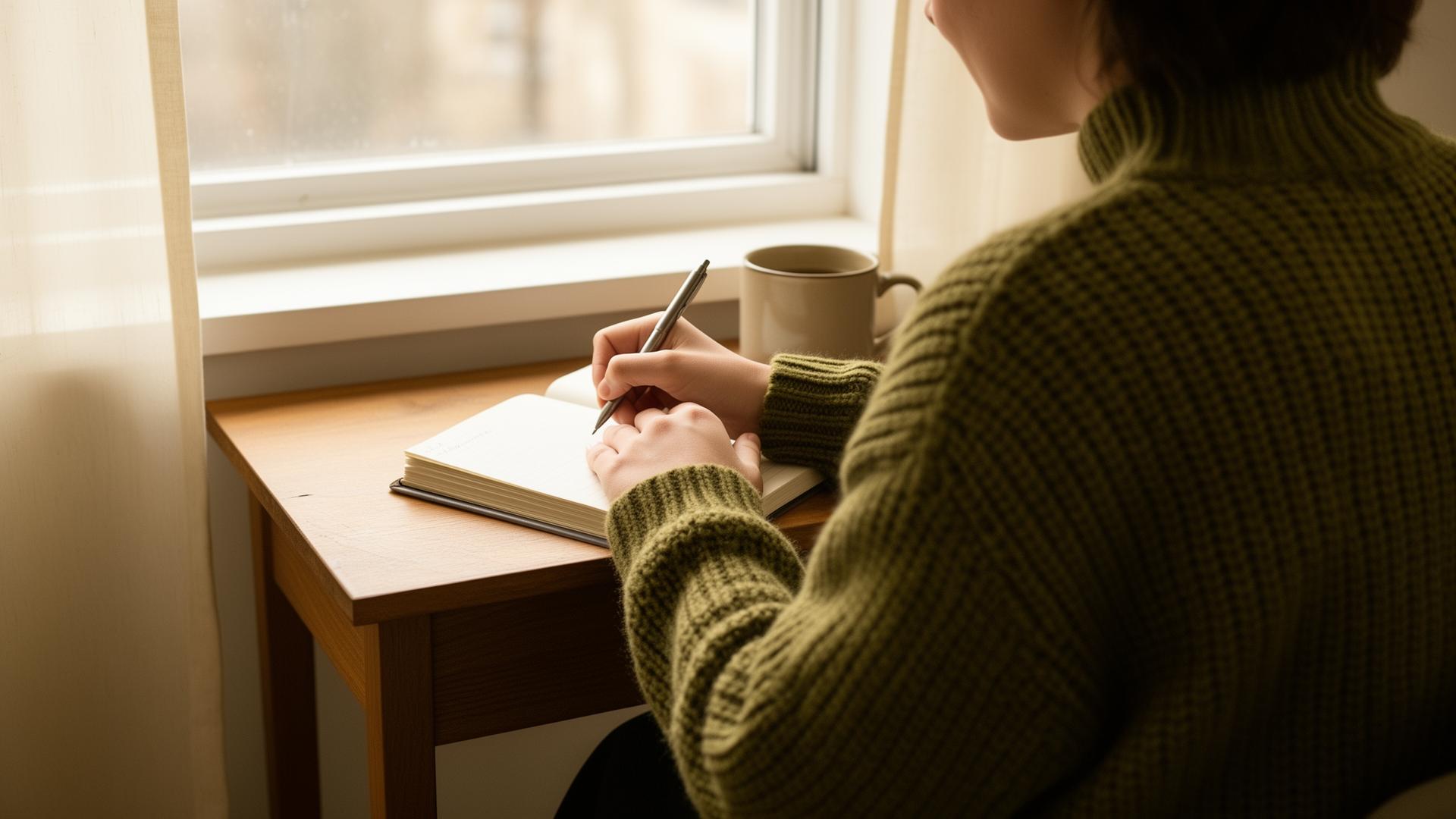 A person in an olive sweater writing in a notebook at a small wooden desk by a window.